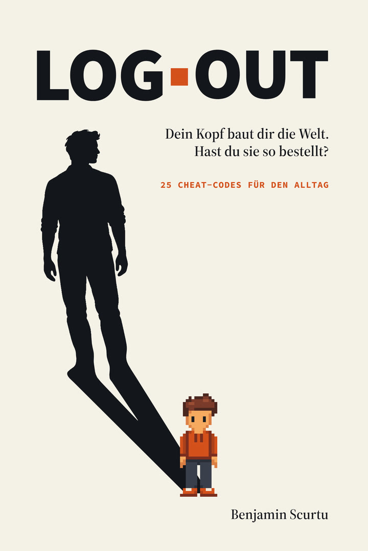 Buchumschlag LOG-OUT: Ein kleiner Pixel-Junge wirft den Schatten eines erwachsenen Mannes.